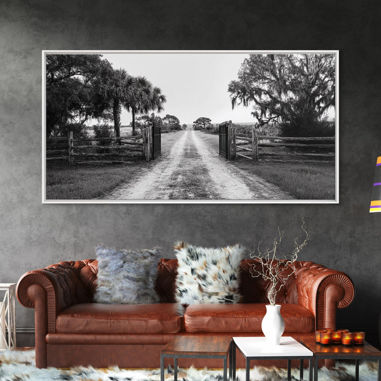 Rustic Gate Trail, Southern Country Road, Tree-Lined Entry, Framed Canvas Print, Farmhouse Style, Entryway or Office Wall Art