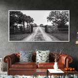 Rustic Gate Trail, Southern Country Road, Tree-Lined Entry, Framed Canvas Print, Farmhouse Style, Entryway or Office Wall Art