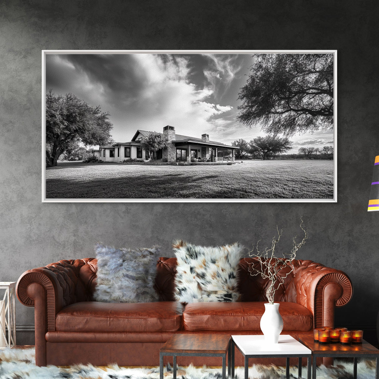 Southwestern Ranch Home, Texas House Scene, Peaceful Rural Living, Framed Canvas Print, Rustic Landscape Art, Living Room Decor