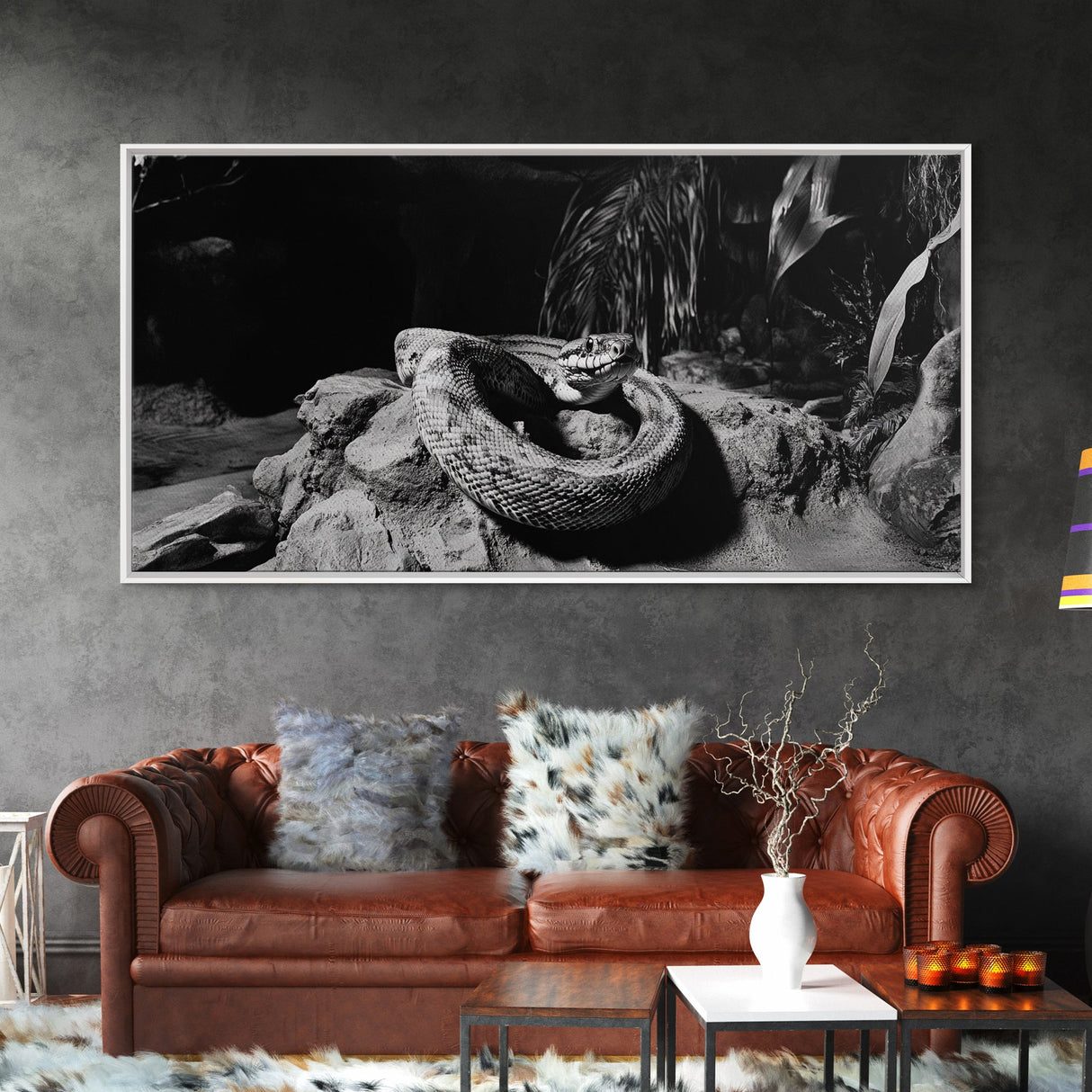 Jungle Snake Scene, Reptile Animal Art, Bold Black and White, Framed Canvas Print, Wildlife Decor, Man Cave or Study Wall Art