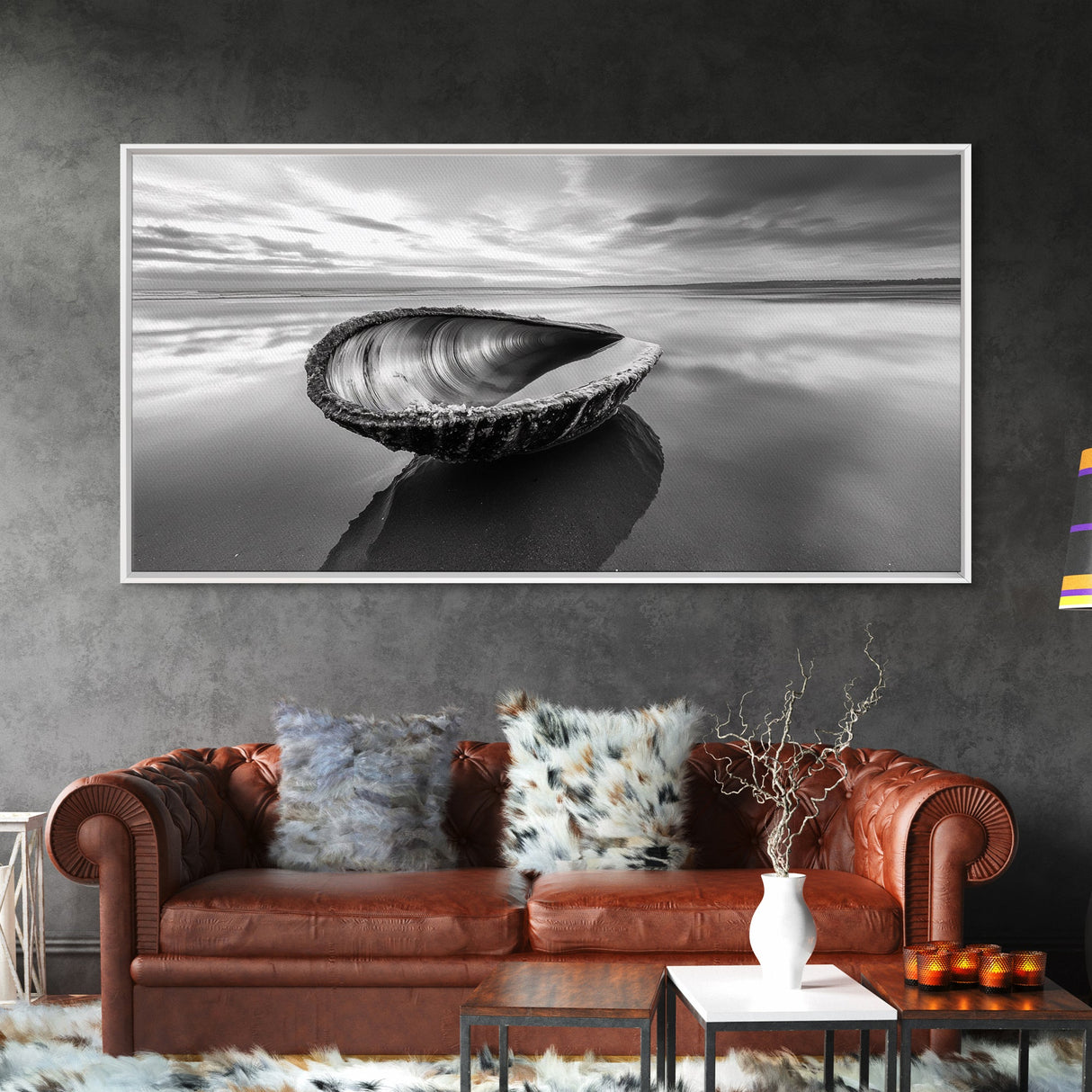 Seashell Shore Still, Ocean Reflection Calm, Beach Shell Close-Up, Framed Canvas Print, Coastal Minimalism, Bathroom Wall Art