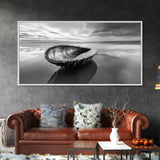 Seashell Shore Still, Ocean Reflection Calm, Beach Shell Close-Up, Framed Canvas Print, Coastal Minimalism, Bathroom Wall Art