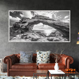 Natural Rock Arch, Seaside Cliff View, Desert Coastal Window, Framed Canvas Print, Boho Earth Tones, Living Room Wall Decor