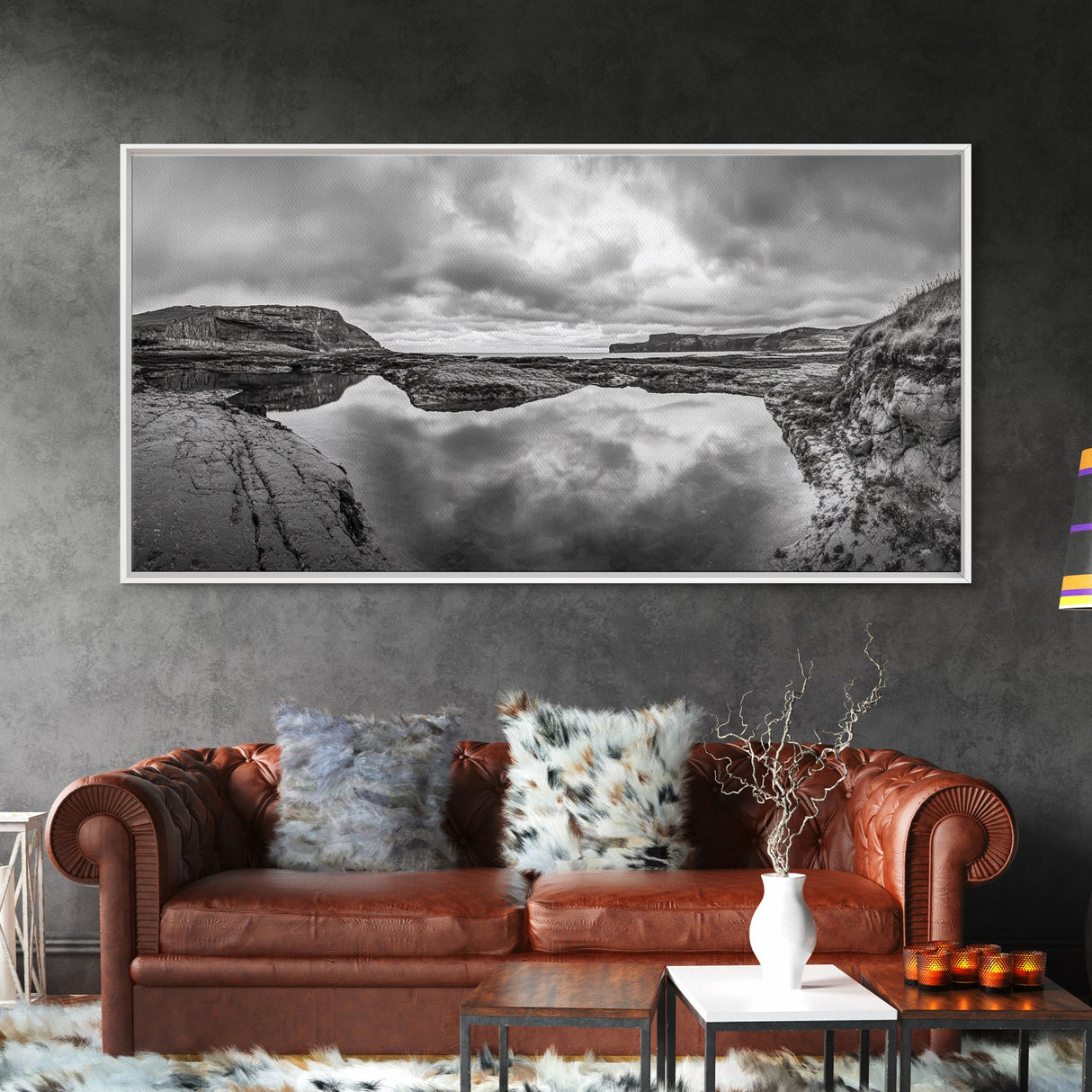 Reflected Cliffs, Stormy Sky, Coastal View, Dramatic Landscape, Canvas Print, minimalist art, office decor, moody black and white wall art