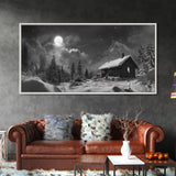 Snowy Cabin, Winter Night, Starry Sky, Cozy Mountain Scene, Framed Canvas Print, rustic lodge decor, Christmas art, bedroom wall print
