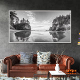 Sea Stacks, Calm Waters, Coastal Trees, Tranquil Morning, Framed Canvas Print, coastal wall art, nature inspired, entryway decor