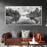 Forest Shoreline, Pebble Beach, Misty Inlet, Calm Waters, Canvas Print, natural modern art, neutral palette, living room wall decor