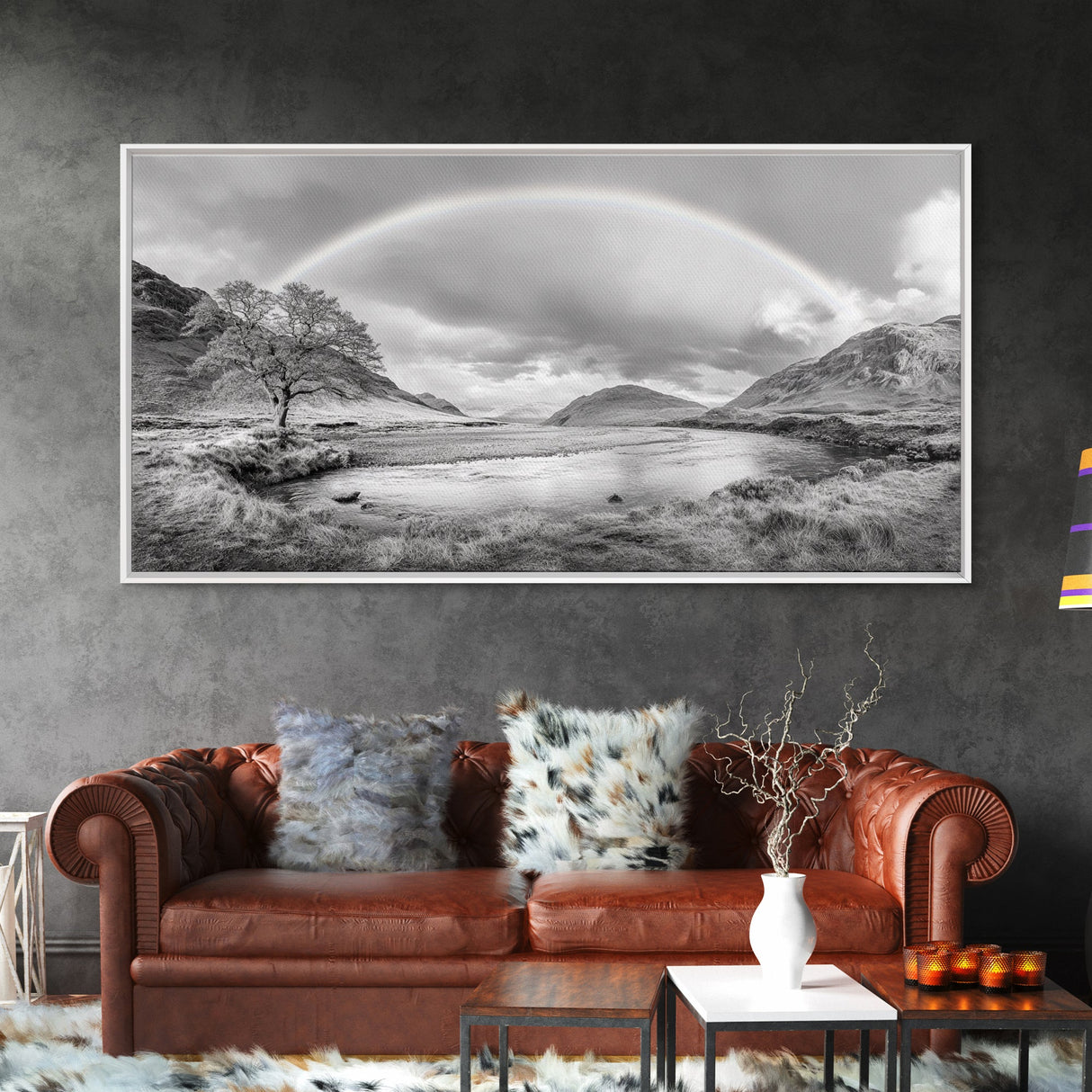 Rainbow, River Valley, Highland Scene, Minimalist Landscape Art, Framed Canvas Print, Entryway Decor, Rustic Nature Print, Calming Wall Art