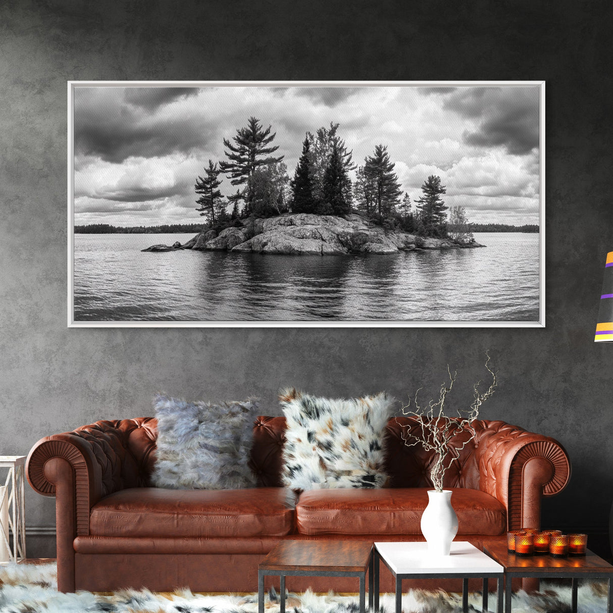 Lake Island, Pine Trees, Nature Panorama, Black and White Wilderness, Framed Canvas Print, Office Wall Art, Outdoor Inspired Decor