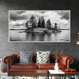 Lake Island, Pine Trees, Nature Panorama, Black and White Wilderness, Framed Canvas Print, Office Wall Art, Outdoor Inspired Decor