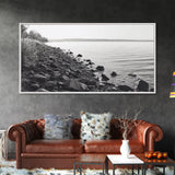 Shoreline Rocks, Quiet Water, Still Landscape, Coastal Photography, Canvas Print, Minimalist Office Art, Calm Nature Scene