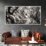Woodland Trail, Autumn Path, Tree Tunnel, Rustic Outdoor Vibe, Framed Canvas Print, Entryway Nature Art, Moody Forest Decor