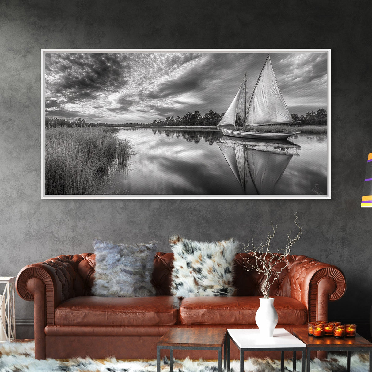 Sailboat Reflection, Tranquil River, Nautical Scene, Black White, Framed Canvas Print, Coastal Decor, Beach House Wall Art, Ocean Minimalism