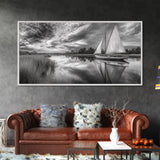 Sailboat Reflection, Tranquil River, Nautical Scene, Black White, Framed Canvas Print, Coastal Decor, Beach House Wall Art, Ocean Minimalism
