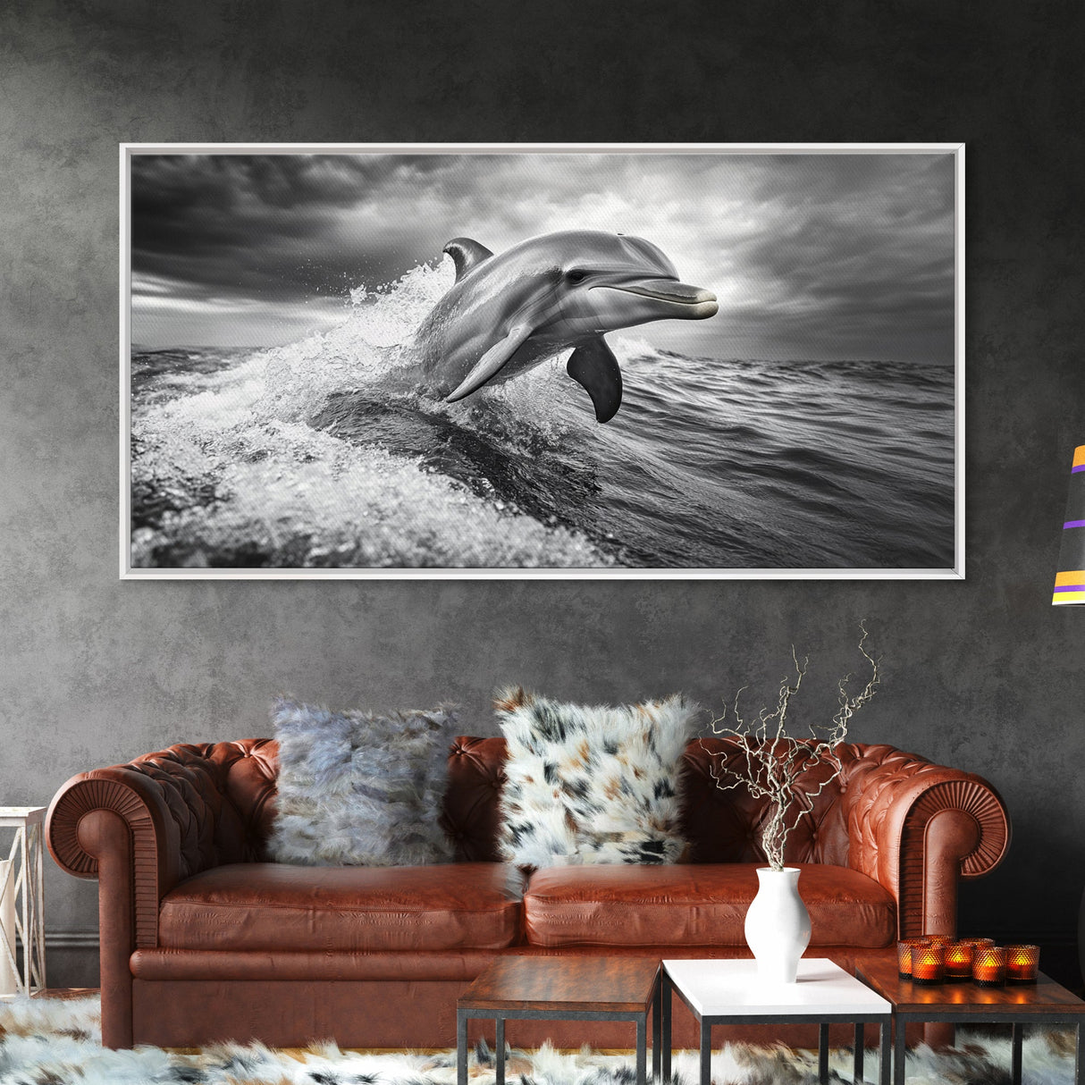 Leaping Dolphin, Ocean Life, Marine Animal, Waves Splashing, Framed Canvas Print, Coastal Kids Room Art, Beach House Decor