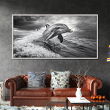 Leaping Dolphin, Ocean Life, Marine Animal, Waves Splashing, Framed Canvas Print, Coastal Kids Room Art, Beach House Decor