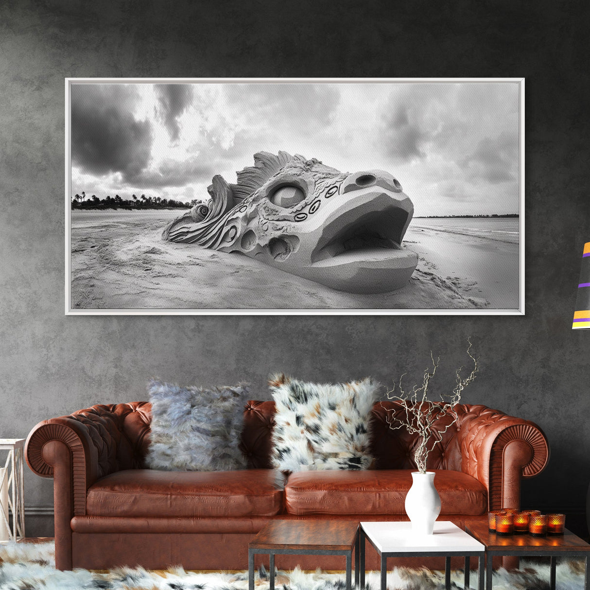 Dragon Head Sculpture, Beach Sand Art, Mythical Creature Decor, Fantasy Vibes, Framed Canvas Print, Game Room Wall Art, Office Wall Art