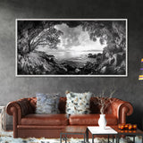 Ocean Cave View, Coastal Tree Framing, Tranquil Sea Scene, Nature Window Art, Framed Canvas Print, Bedroom Wall Art, Zen Decor