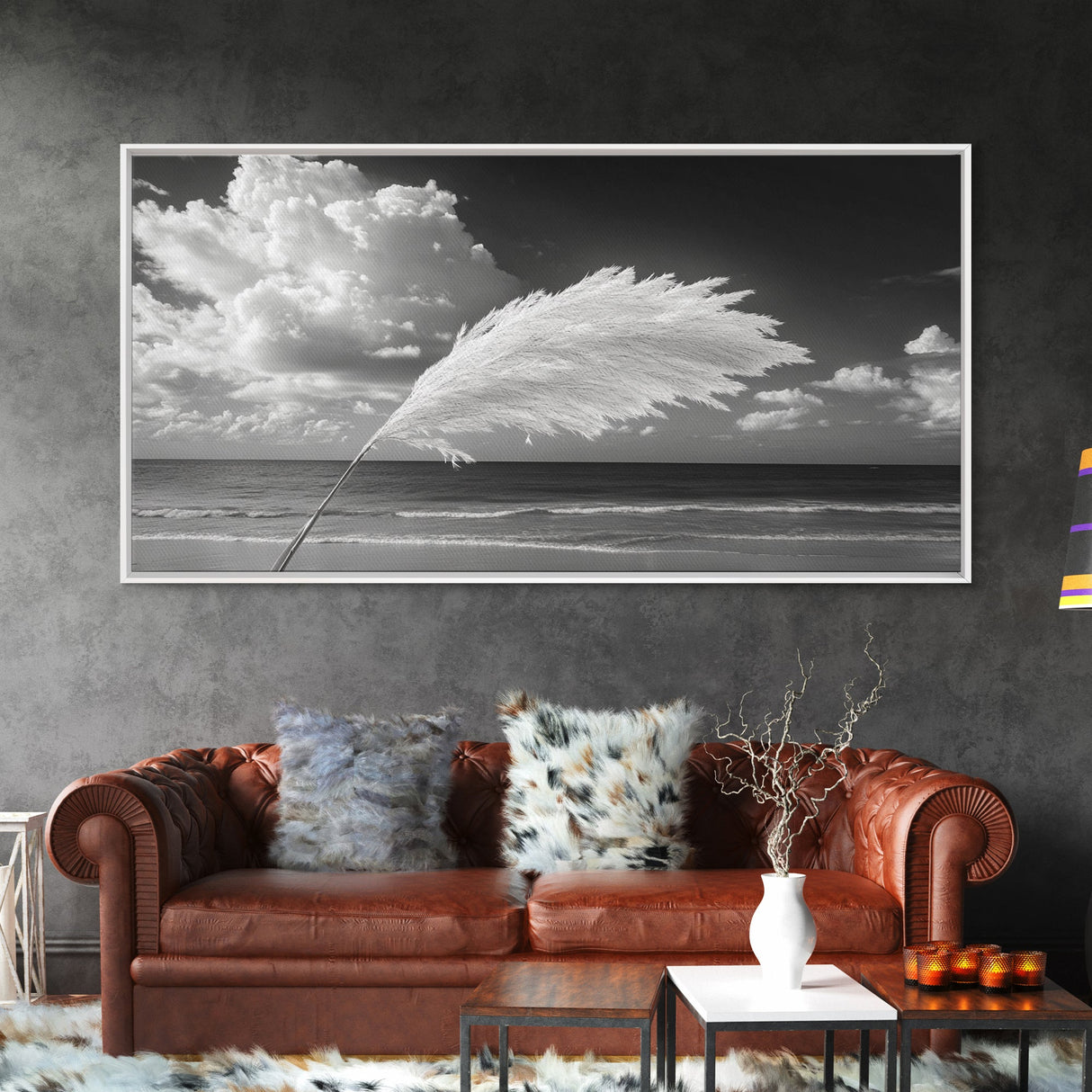 Pampas Grass Coast, Minimalist Beach Art, Boho Coastal Scene, Neutral Tones, Canvas Print, Living Room Wall Art, Fall Decor, Hallway Wall Art