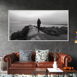 Woman Walking, Jetty View, Seaside Mood, Solitude Moment, Framed Canvas Print, Moody Wall Art, Bedroom Meditation Decor, Boho Decor