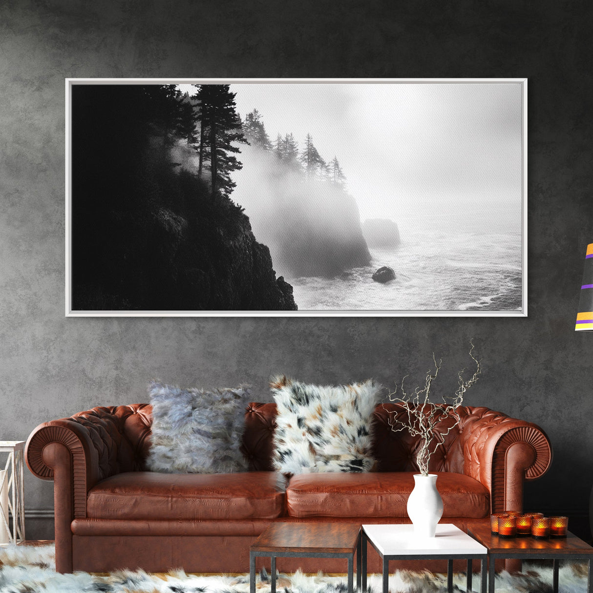 Foggy Cliff Coast, Ocean Pines Landscape, Moody Nature Art, Misty Seascape Scene, Framed Canvas Print, Living Room Wall Art, Fall Decor