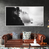 Foggy Cliff Coast, Ocean Pines Landscape, Moody Nature Art, Misty Seascape Scene, Framed Canvas Print, Living Room Wall Art, Fall Decor