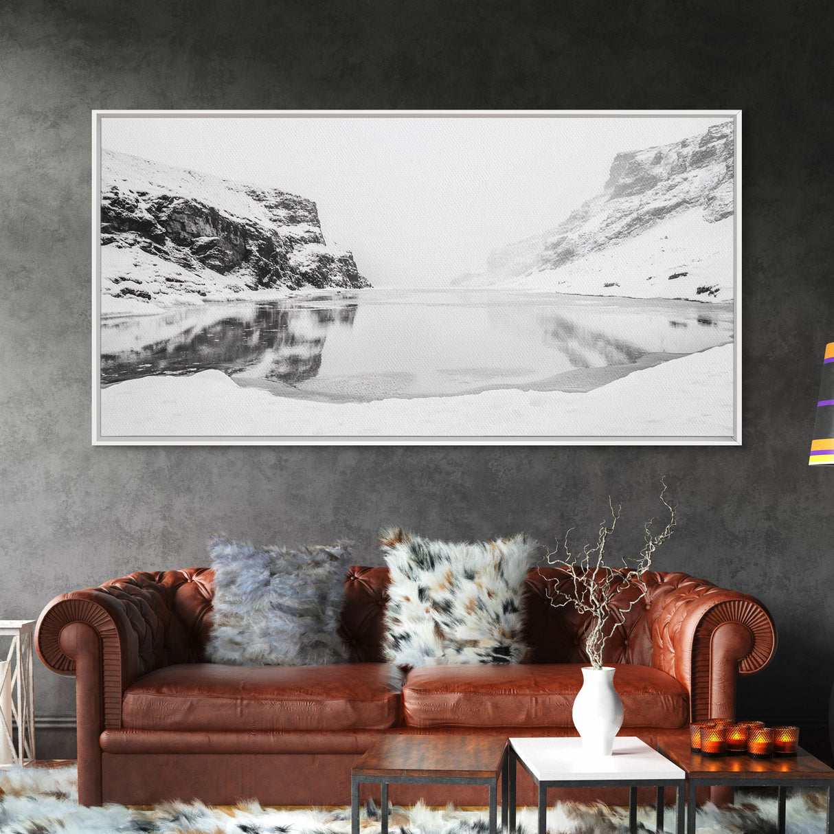 Snowy Cliff Reflection, Winter River Scene, Black and White Nature, Framed Canvas Print, Minimalist Wall Art, Neutral Winter Decor