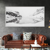 Snowy Cliff Reflection, Winter River Scene, Black and White Nature, Framed Canvas Print, Minimalist Wall Art, Neutral Winter Decor
