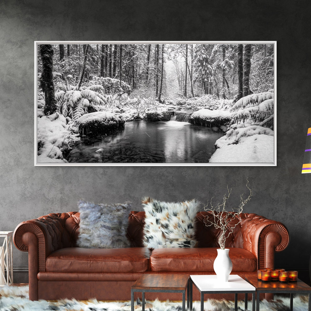Winter Forest Creek, Snow Covered Trees, Black and White Tranquil Art, Canvas Print, Holiday Wall Art, Nature Lover Gift, Cozy Vibe