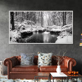 Winter Forest Creek, Snow Covered Trees, Black and White Tranquil Art, Canvas Print, Holiday Wall Art, Nature Lover Gift, Cozy Vibe
