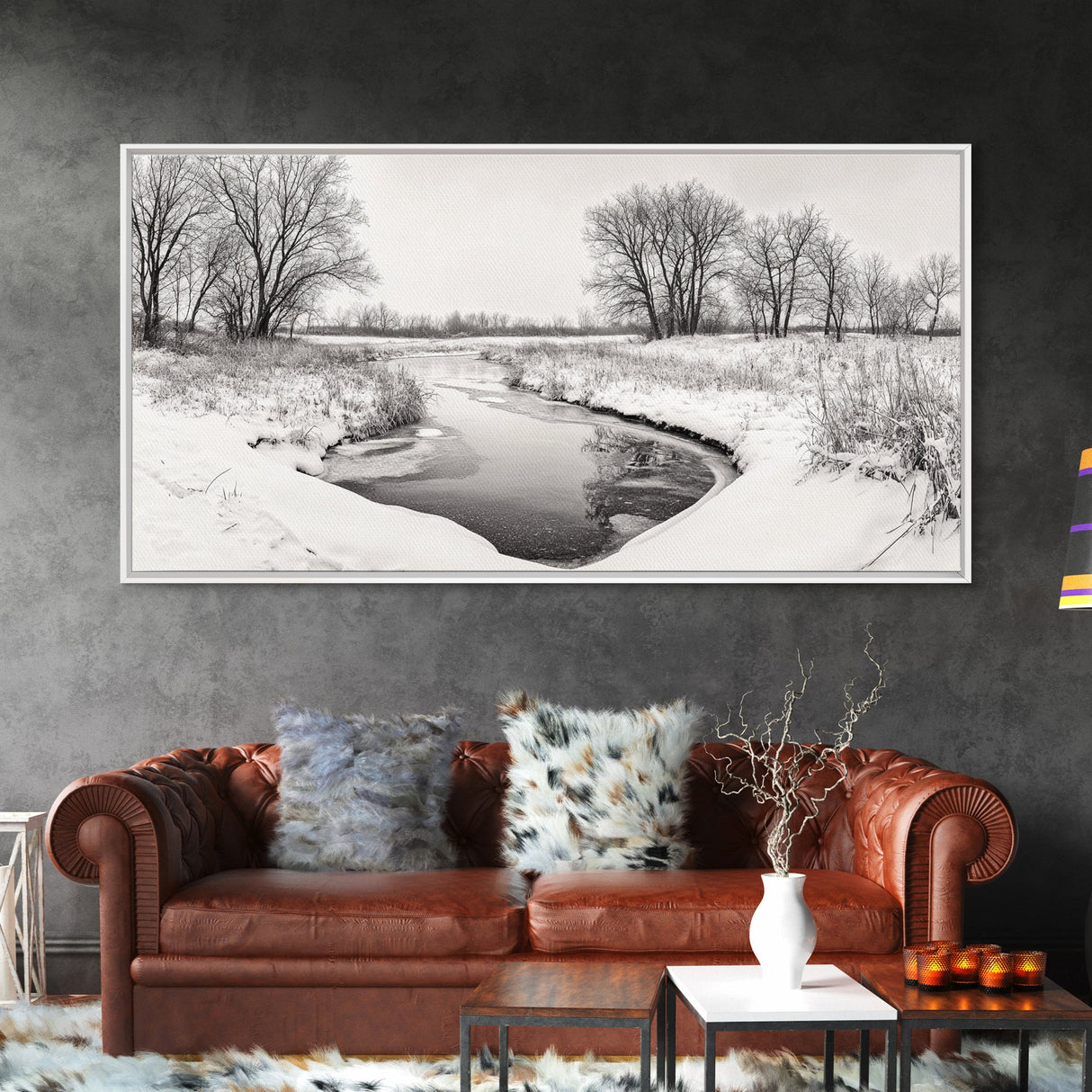 Frozen Stream Scene, Bare Trees Landscape, Black and White Nature Decor, Canvas Print, Winter Wall Art, Neutral Bedroom Accent
