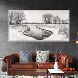 Frozen Stream Scene, Bare Trees Landscape, Black and White Nature Decor, Canvas Print, Winter Wall Art, Neutral Bedroom Accent