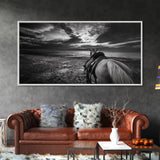 Horseback Beach, Sunset Ride, Equestrian Art, Moody Horizon Scene, Canvas Print, Cowboy Country Decor, Rustic Living Room Wall Art