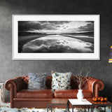 River Reflection, Cloudy Sky, Calm Nature Path, Modern Monochrome, Framed Canvas Print, Bedroom Wall Art, Minimalist Landscape Art
