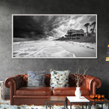 Stormy Beach House, Coastal Decor, Monochrome Photography, Beachfront Scene, Canvas Print, Moody Ocean Wall Art, Bedroom Coastal Wall Decor
