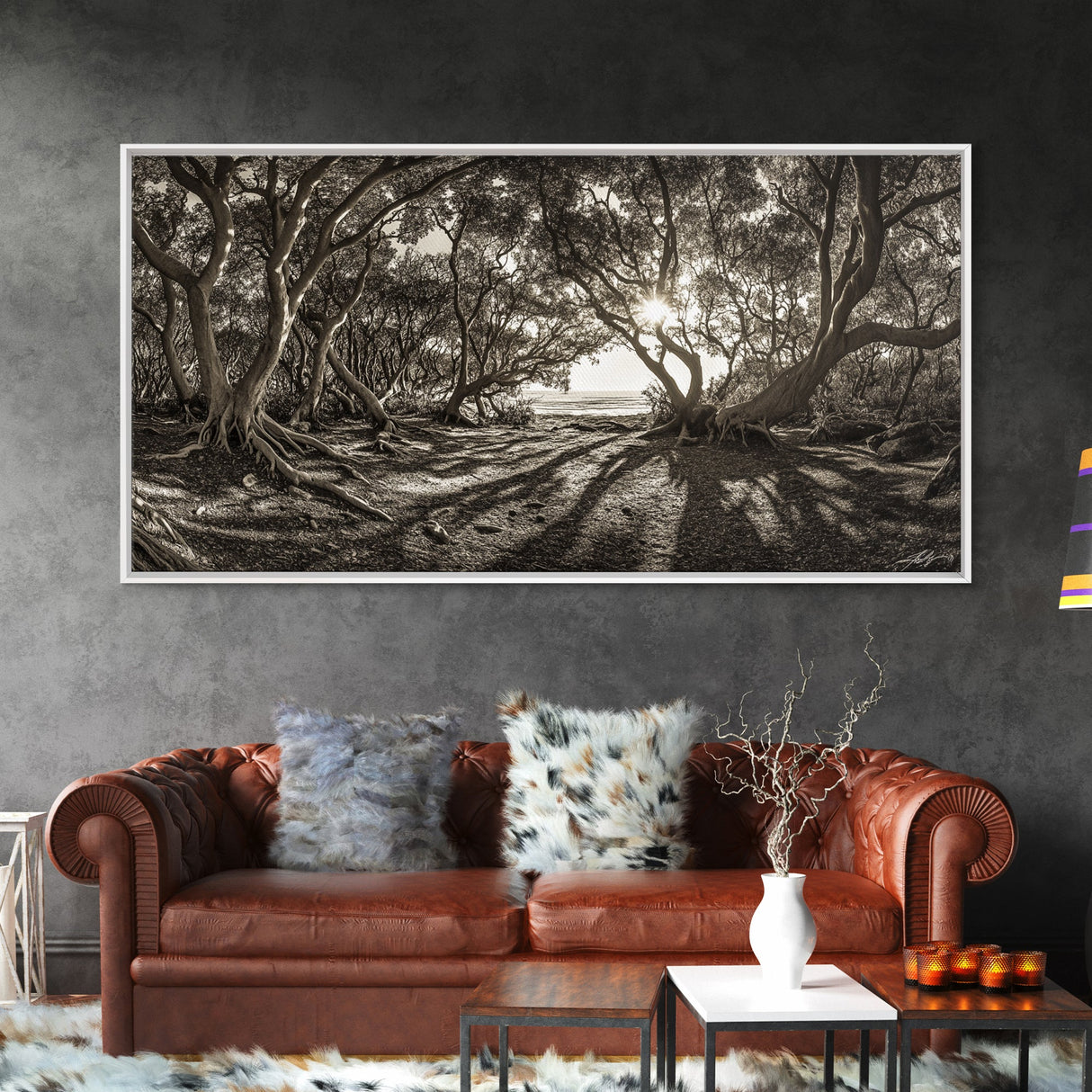 Enchanted Forest Light, Tree Shadows, Nature Landscape, Framed Canvas Print, Rustic Wall Art, Entryway Woodland Decor, Boho Forest Print