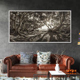 Enchanted Forest Light, Tree Shadows, Nature Landscape, Framed Canvas Print, Rustic Wall Art, Entryway Woodland Decor, Boho Forest Print