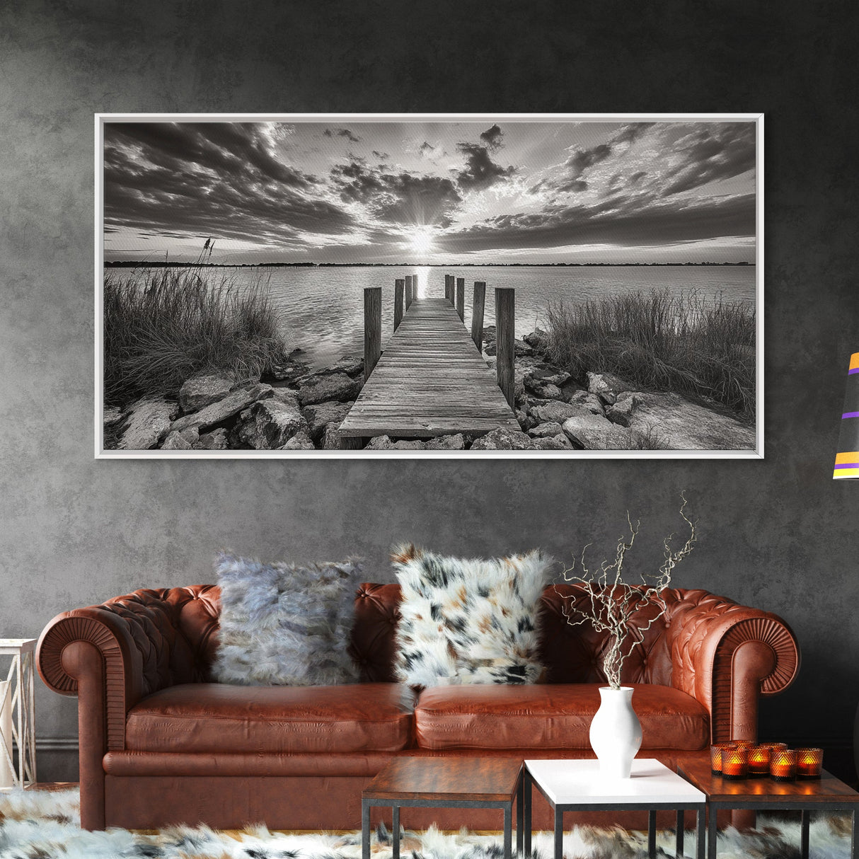 Rustic Dock Sunset, Lakehouse Art, Black White Landscape, Framed Canvas Print, Country Home Decor, Cabin Wall Art, Lakeside Tranquility