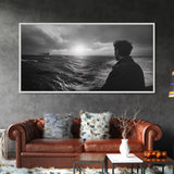 Man Watching Sea, Stormy Ocean View, Emotional Scene, Canvas Print, Moody Coastal Decor, Office Wall Art, Nautical Monochrome Style