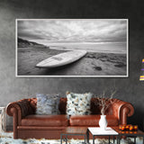 Surfboard, Coastal Shore, Serene Beach, Cloudy Sky, Framed Canvas Print, surfer room decor, rustic beach wall art, neutral home style