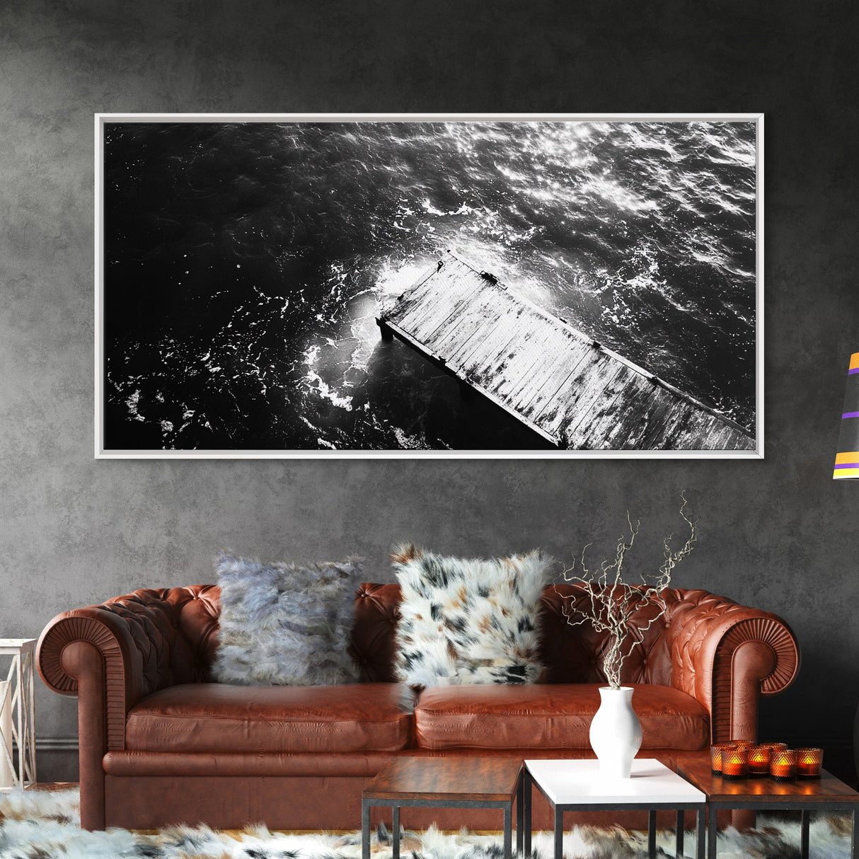 Weathered Dock, Water Reflections, Ocean Edge, Moody Texture, Framed Canvas Print, masculine office decor, minimalist lakehouse art