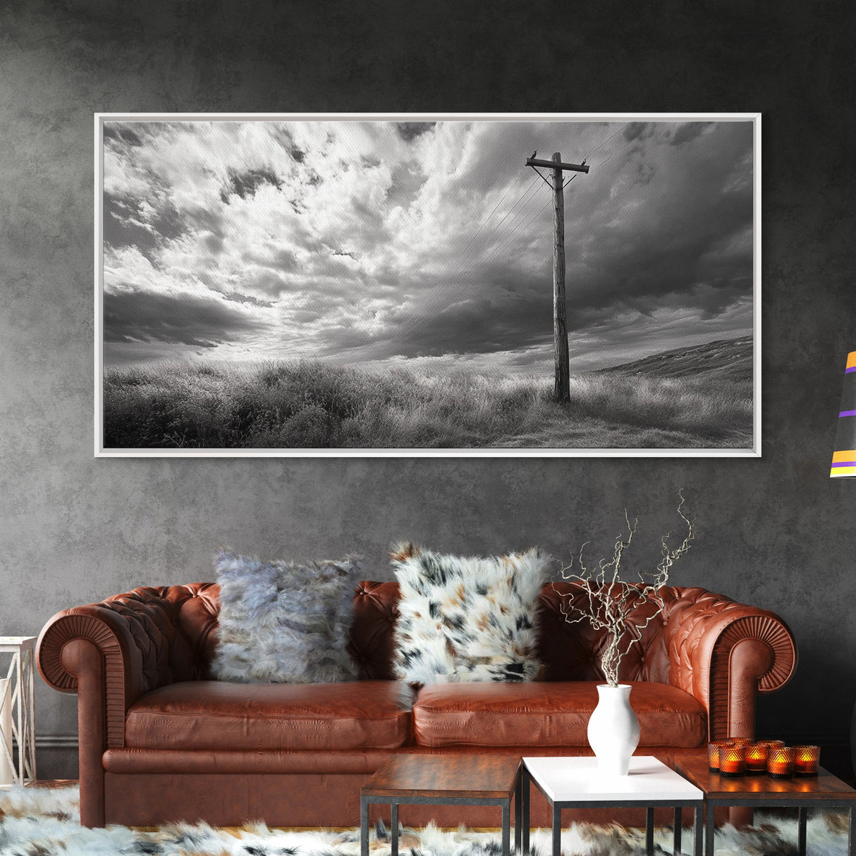 Power Pole, Rural Landscape, Stormy Sky, Country Calm, Framed Canvas Print, farmhouse entryway wall art, rustic black and white print