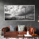 Power Pole, Rural Landscape, Stormy Sky, Country Calm, Framed Canvas Print, farmhouse entryway wall art, rustic black and white print
