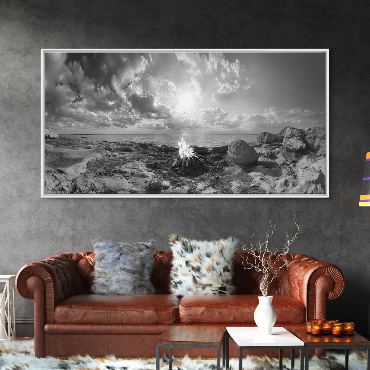 Coastal Campfire, Ocean Sunset, Rocky Shore, Bonfire Glow, Canvas Print, Nature Wall Art, Autumn Cabin Decor, Outdoor Retreat Style