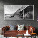 Coastal Cliff View, Seaside Escape, Beachside Structure, Framed Canvas Print, Rustic Wall Art, Modern Coastal Living Room Decor