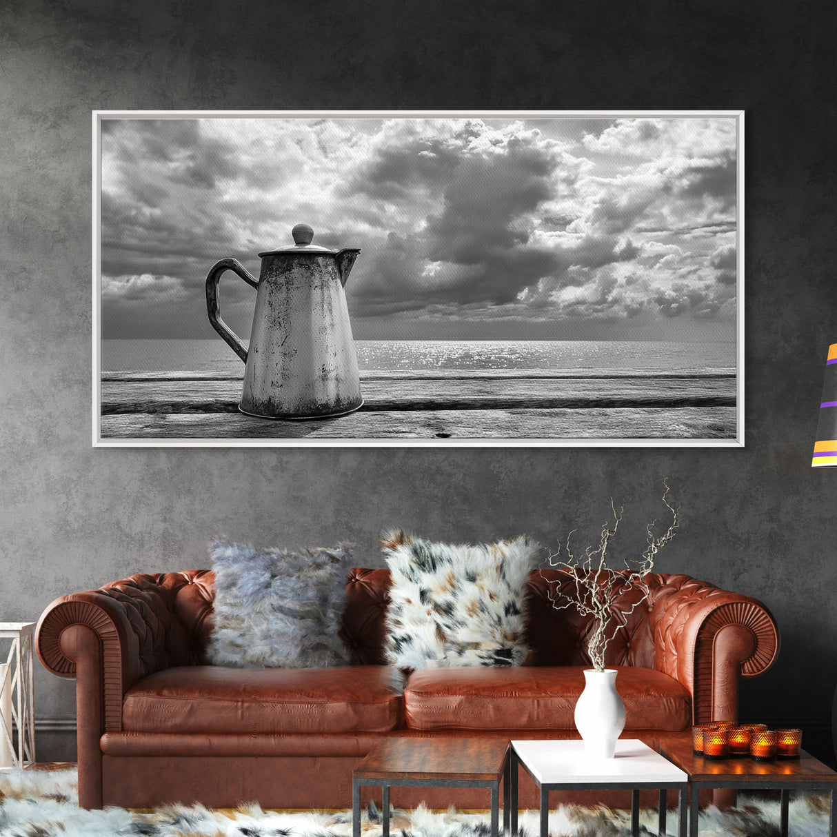 Seaside Coffee Pot, Oceanfront Still Life, Rustic Morning, Framed Canvas Print, Nautical Wall Art, Beach Kitchen Decor, Moody Nature Art