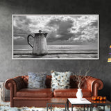 Seaside Coffee Pot, Oceanfront Still Life, Rustic Morning, Framed Canvas Print, Nautical Wall Art, Beach Kitchen Decor, Moody Nature Art