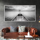 Canoe Lake, Adventure Paddle, Calm Waters, Cloudy Sky, Framed Canvas Print, Minimalist Art, Office Wall Decor, Nature Lover Style