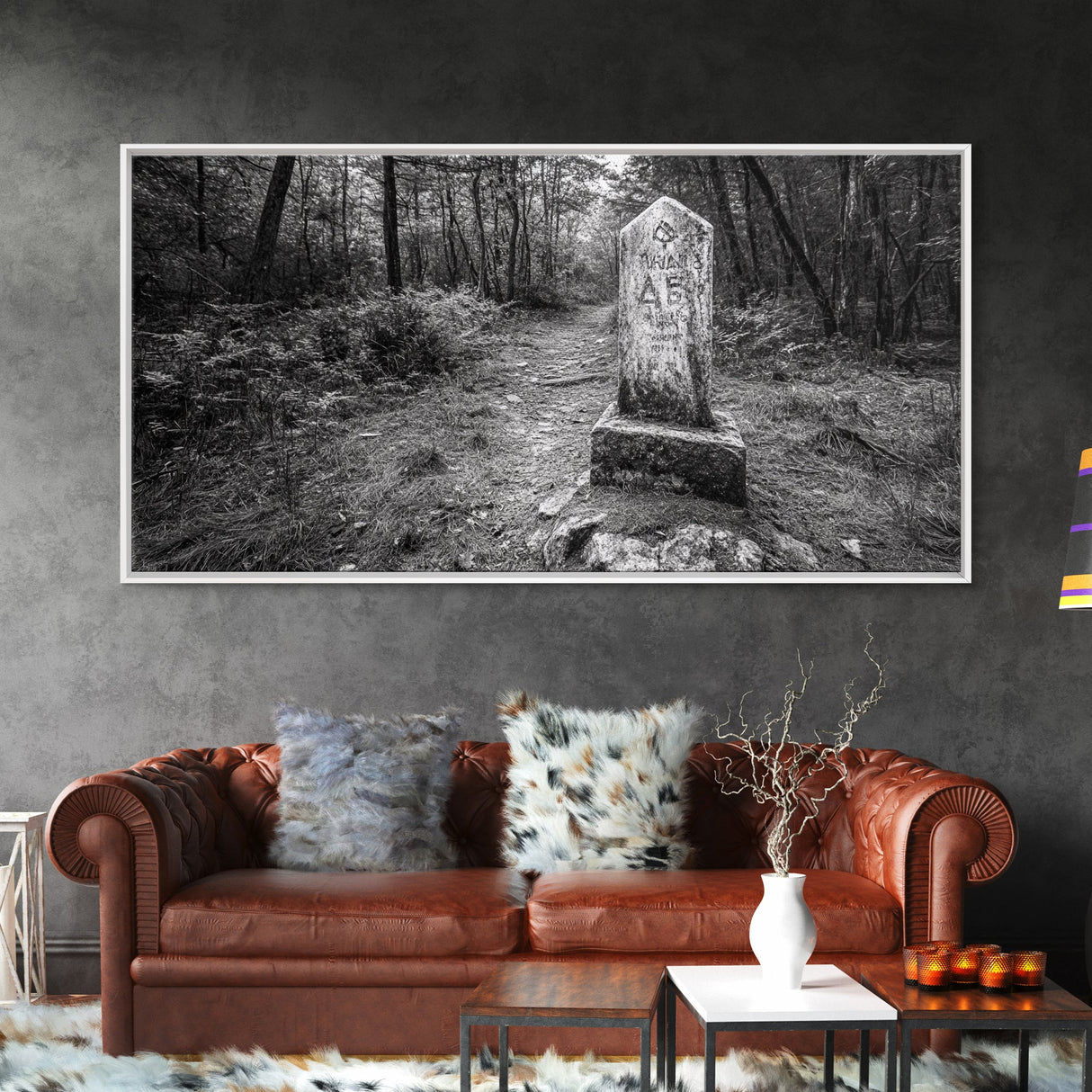 Forest Trail, Stone Marker, Ancient Symbol, Misty Pathway, Framed Canvas Print, cabin decor, woodland art, Autumn wall print, rustic charm