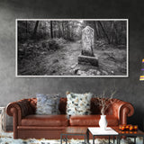 Forest Trail, Stone Marker, Ancient Symbol, Misty Pathway, Framed Canvas Print, cabin decor, woodland art, Autumn wall print, rustic charm